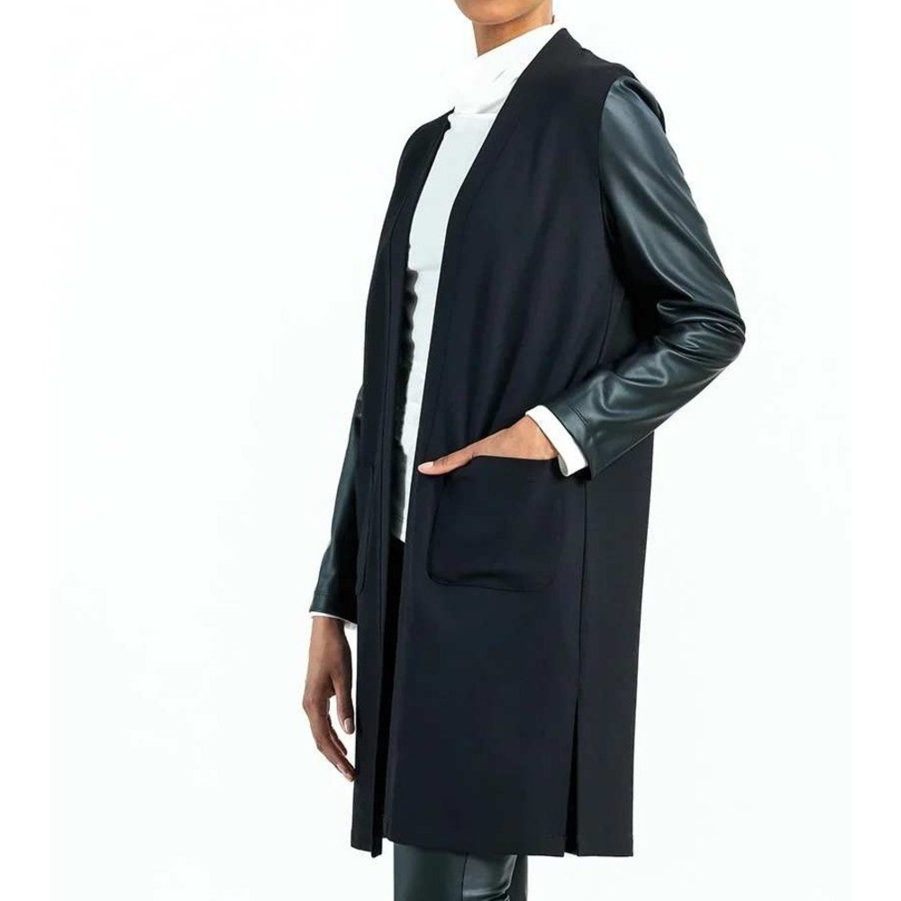 Clara Sunwoo  Liquid Leather Sleeves Ponte Knit Cardigan Women's XL Black Duster